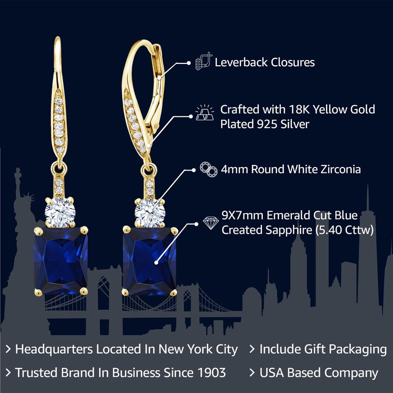 Gem Stone King 4-5 Cttw Leverback Drop Dangle Earrings For Women | 18K Yellow Gold Plated Silver | Emerald Cut 9X7MM Gemstone Birthstone | Fine Jewelry Gifts for Her Mom Anniversary Wedding - Image 2